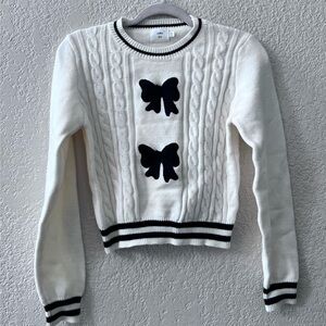 Luna Ivy Anthropologie Cable Knit Cropped Sweater Sz XS Bows Cream Blk Stripes